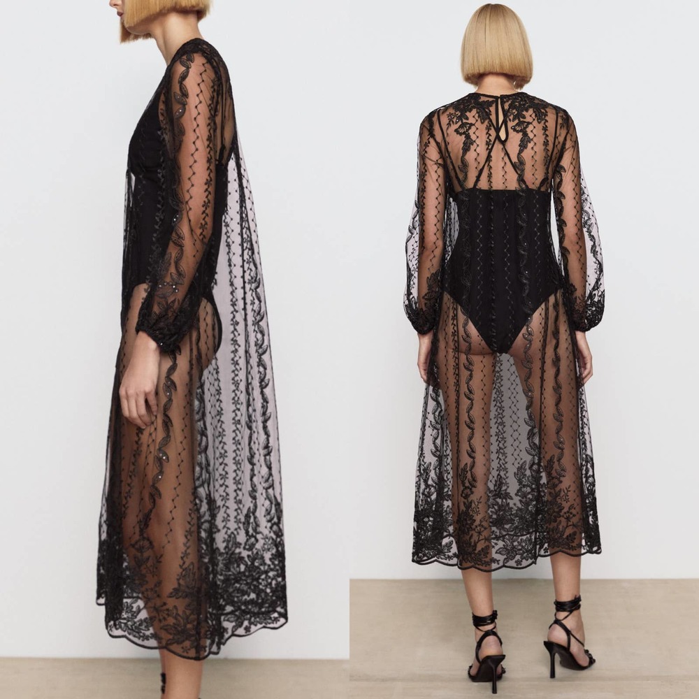 ZARA EMBROIDERED SEMI-SHEER DRESS TULLE BLACK - Picture 2 of 16
